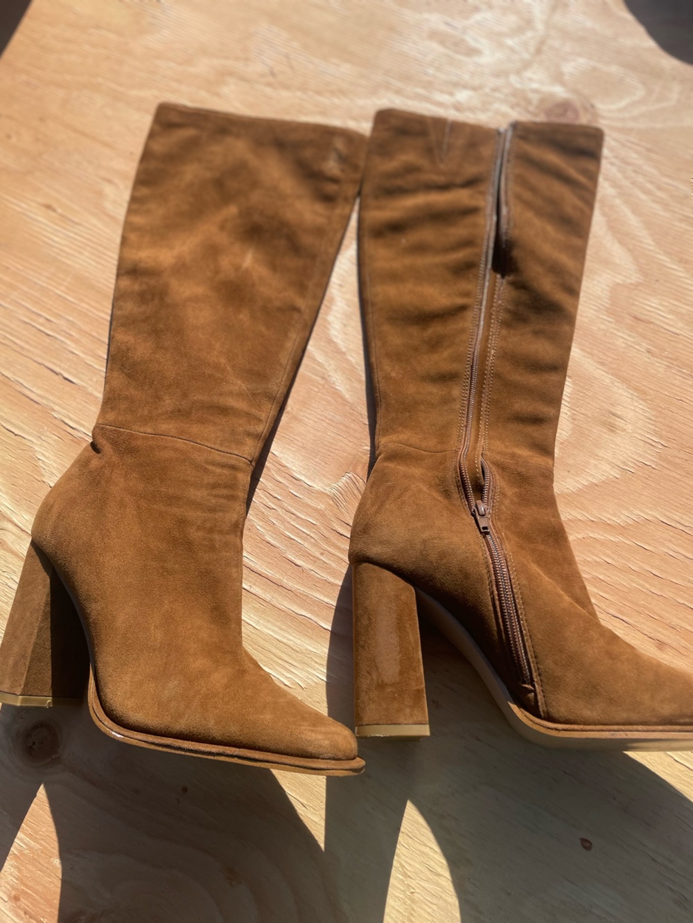 Aqua Tall Suede Block Heel Boots in Chestnut Brown
